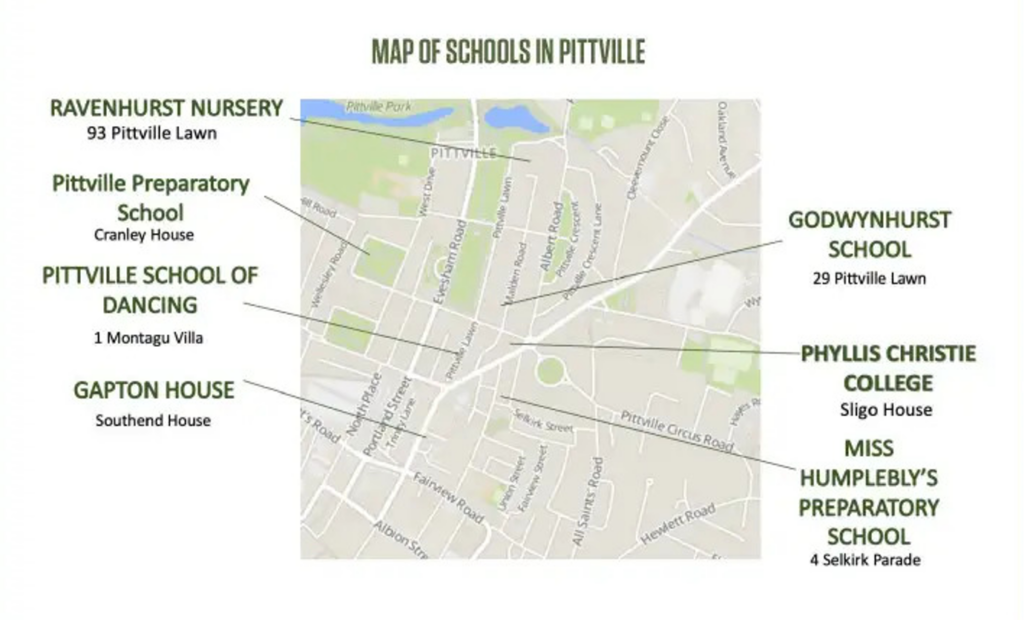 Map showing 7 Pittville schools: Ravenhurst Nursery, Pittville Preparatory School, Pittville School of Dancing, Gapton House, Godwynhurst School, Phylliss Christie College and Miss Humplebly's Preparatory School.