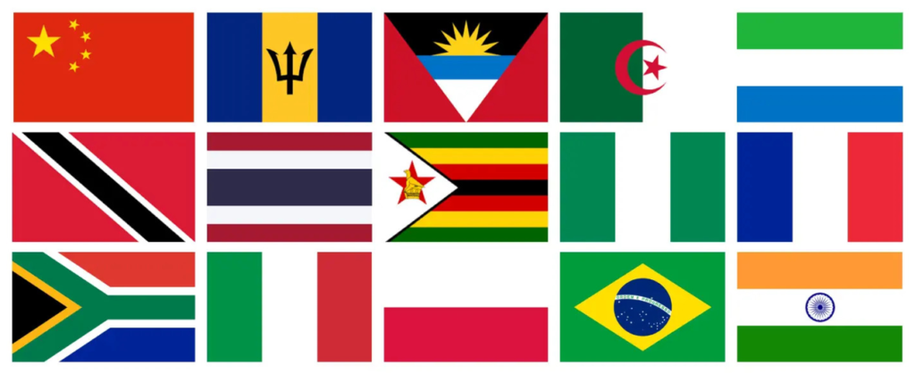 A selection of flags, from L to R: China, Barbados, Antigua and Barbuda, Algeria, Sierra Leone, Trinidad and Tobago, Thailand, Zimbabwe, Nigeria, France, South Africa, Italy, Poland, Brasil, India