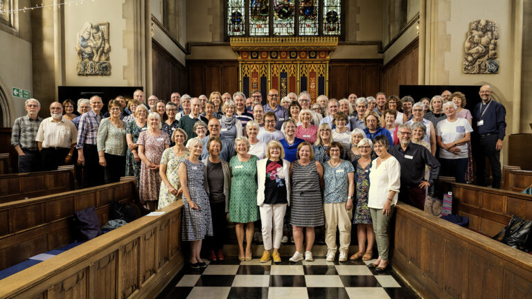 The 1974 St Mary's Reunion group in The Chapel, University of Gloucestershire