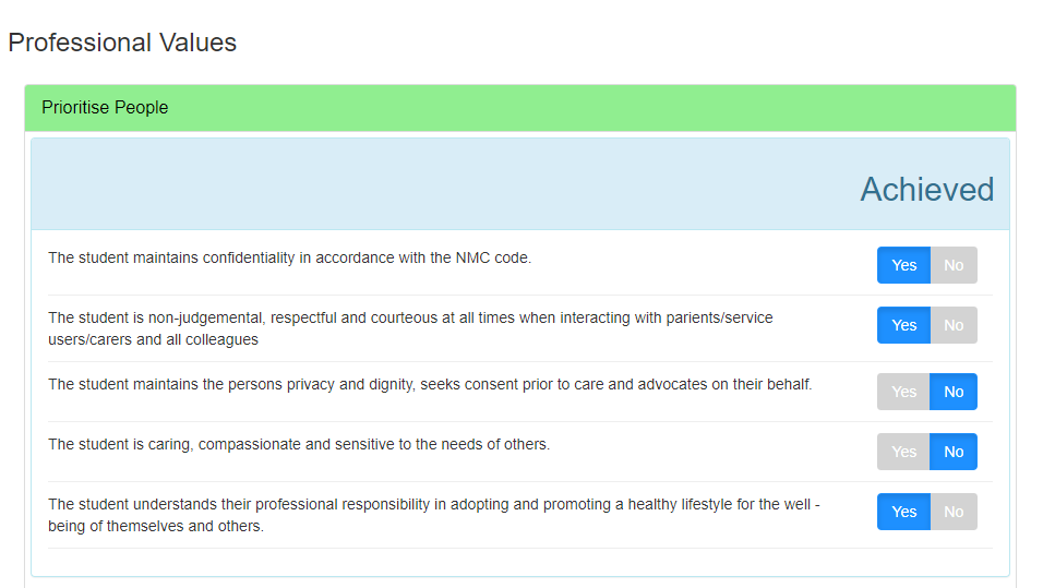 Professional values achieved toggles