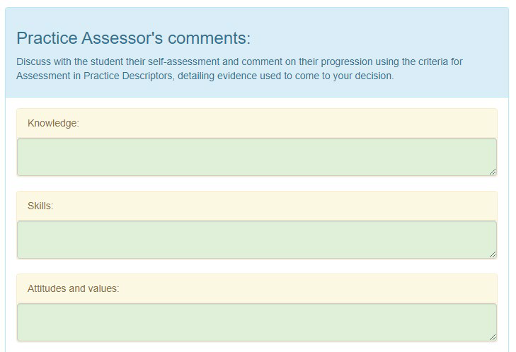 Practice assessors comments field