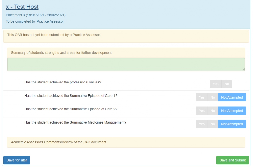 Placement test OAR submission page