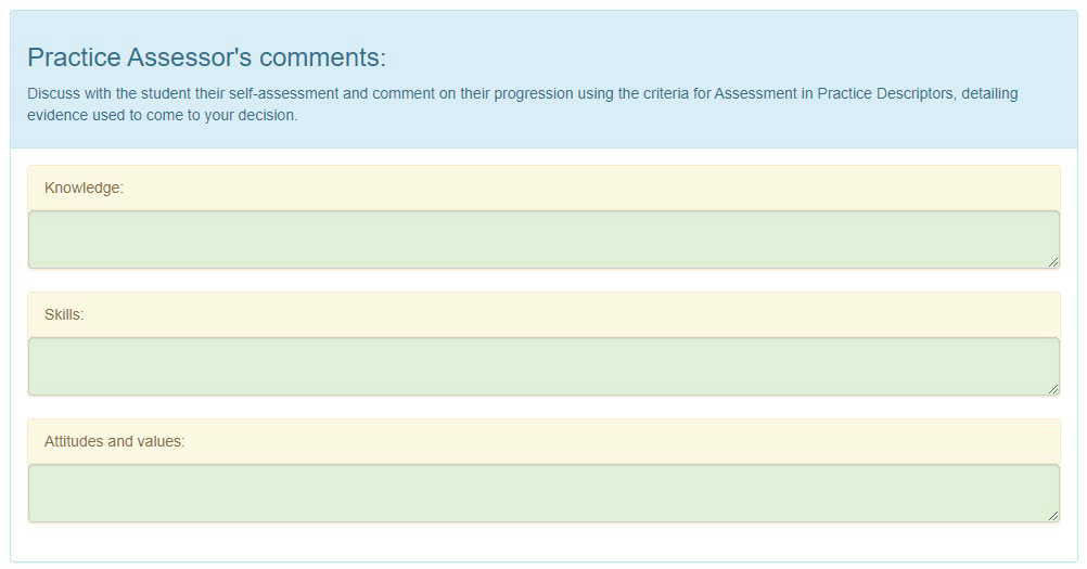Practice assessors comments fields in ePAD