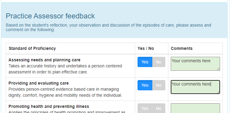 Practice assessor feedback