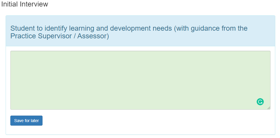 Student to identify learning and development needs box in ePAD platform