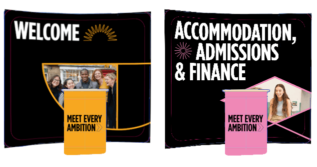 Welcome stand and Accommodation, admissions and finance stand