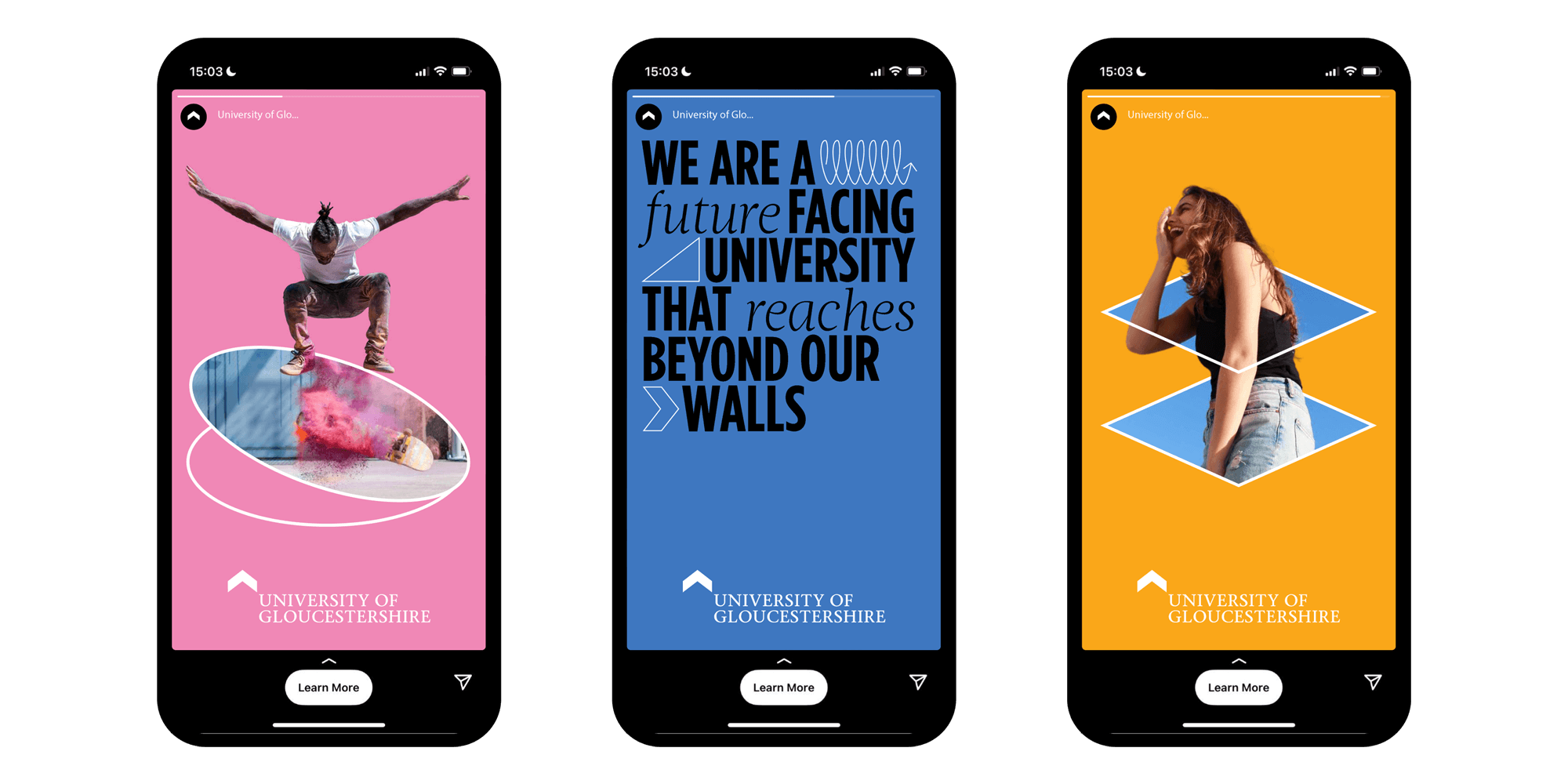 iPhone mockup showing university designs on Instagram