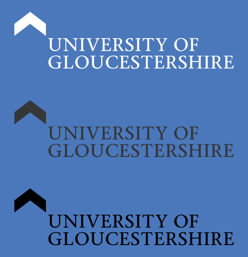 University of Gloucestershire logo variations on blue background