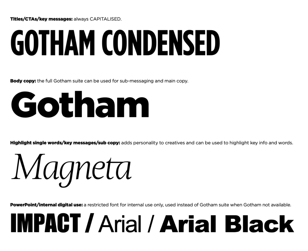 Titles/CTAs/key messages: always capitalised. GOTHAM CONDENSED Body copy: the full Gotham suite can be used for sub-messaging and main copy. Gotham Highlight single words/keymessages/sub-copy: adds personality to creatives and can be used to highlight key info and words. Magneta Powerpoint/internal digital use: a restricted font for internal use only, used instead of Gotham suite when Gotham not available. IMPACT / Arial / Arial Black
