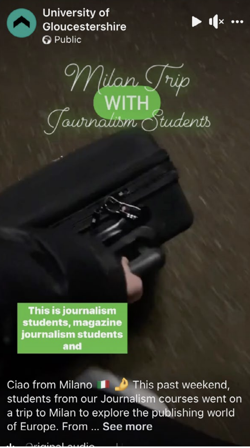 Screenshot of Facebook reels showing a video of journalism students in Milan