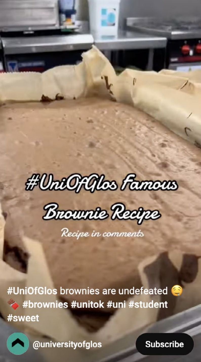 Youtube short screenshot of #UniOfGlos brownies being made