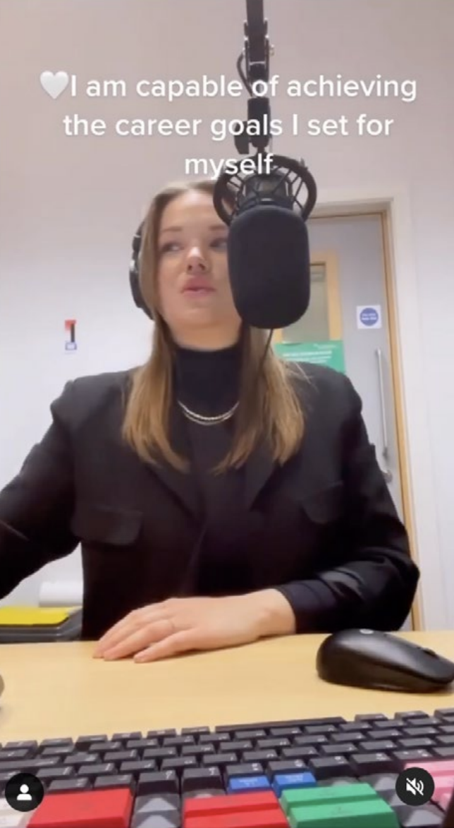 Screenshot from Instagram reel of a student presenting in the radio production room