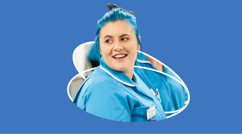 Nurse smiling in shape overlay