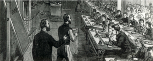 An illustration of a ragged school meal time.
