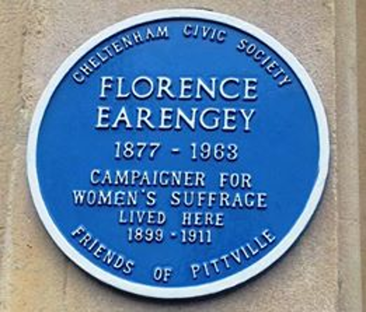 Blue plaque for Florence Earengey - campaigner for Women's suffrage. It reads: Florence Earengey 1877-1963 Campaigner for Women's suffrage lived here 1893-1911.