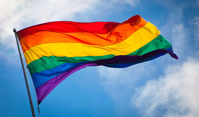 Rainbow flag flying in the wind against a blue sky.