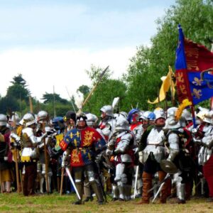 A group of people dressed up in suits if armour at the Tewkesbury Medieval Festival.