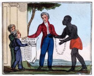 Cartoon depiction of the petition presented to parliament to end the slave trade in Britain.