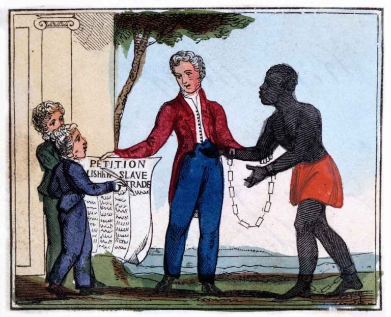 Cartoon depiction of the petition presented to parliament to end the slave trade in Britain.