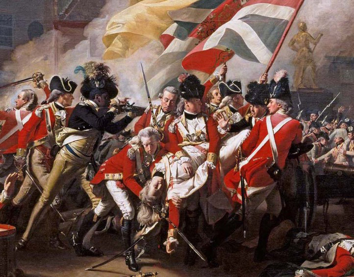 Black British soldier with white soldiers, Battle of Jersey, 6 January 1781. Detail from Death of Major Peirson (John Singleton Copley, 1783)