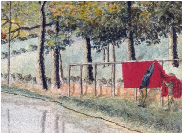 Drawing of Stroudwater Scarlet being hung up to dry