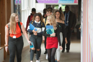 Students walking in the corridor at Park Campus