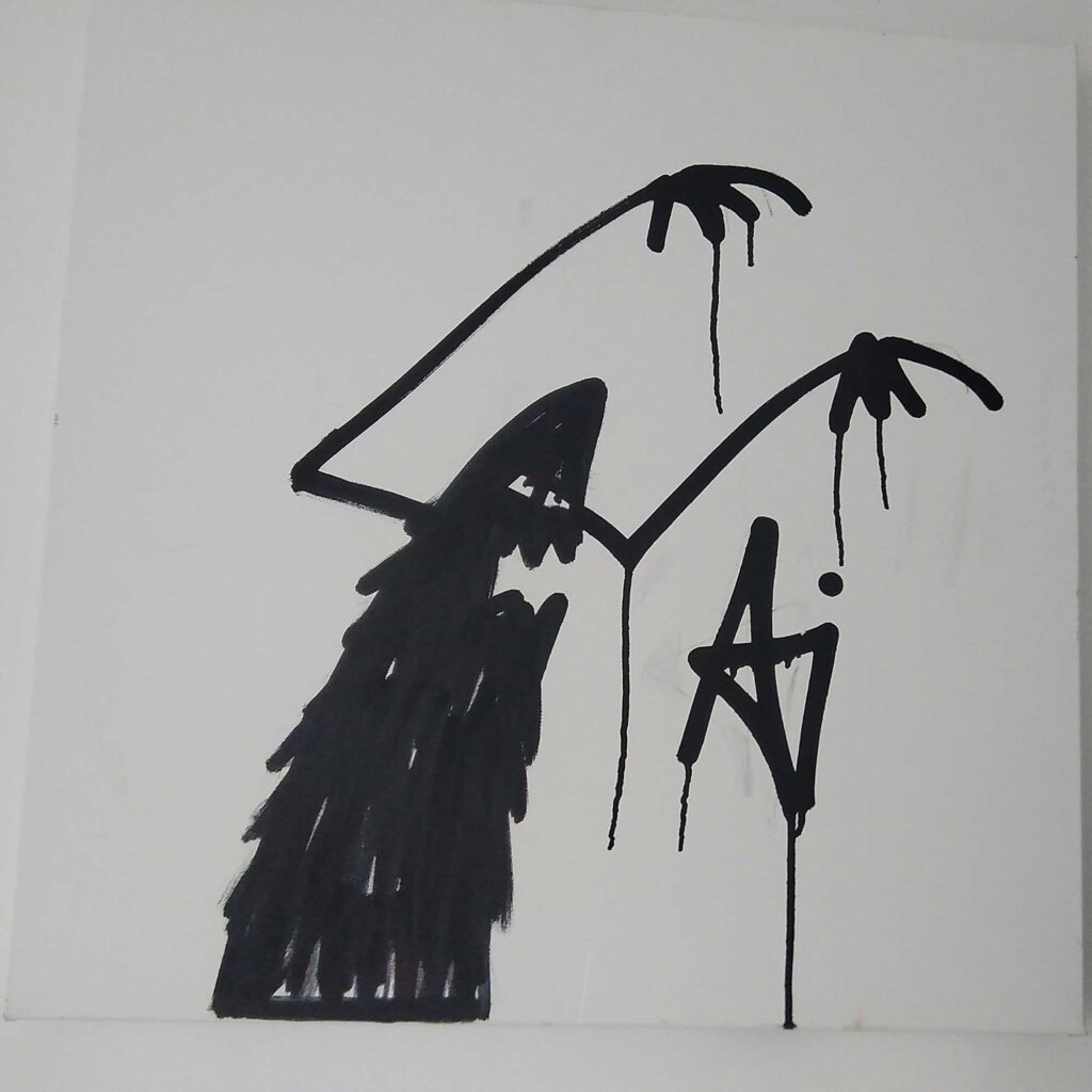 An image of graffiti artwork showing a creature with arms raised and a tag.