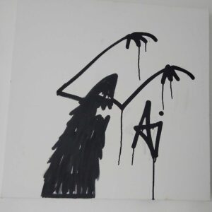 An image of graffiti artwork showing a creature with arms raised and a tag.