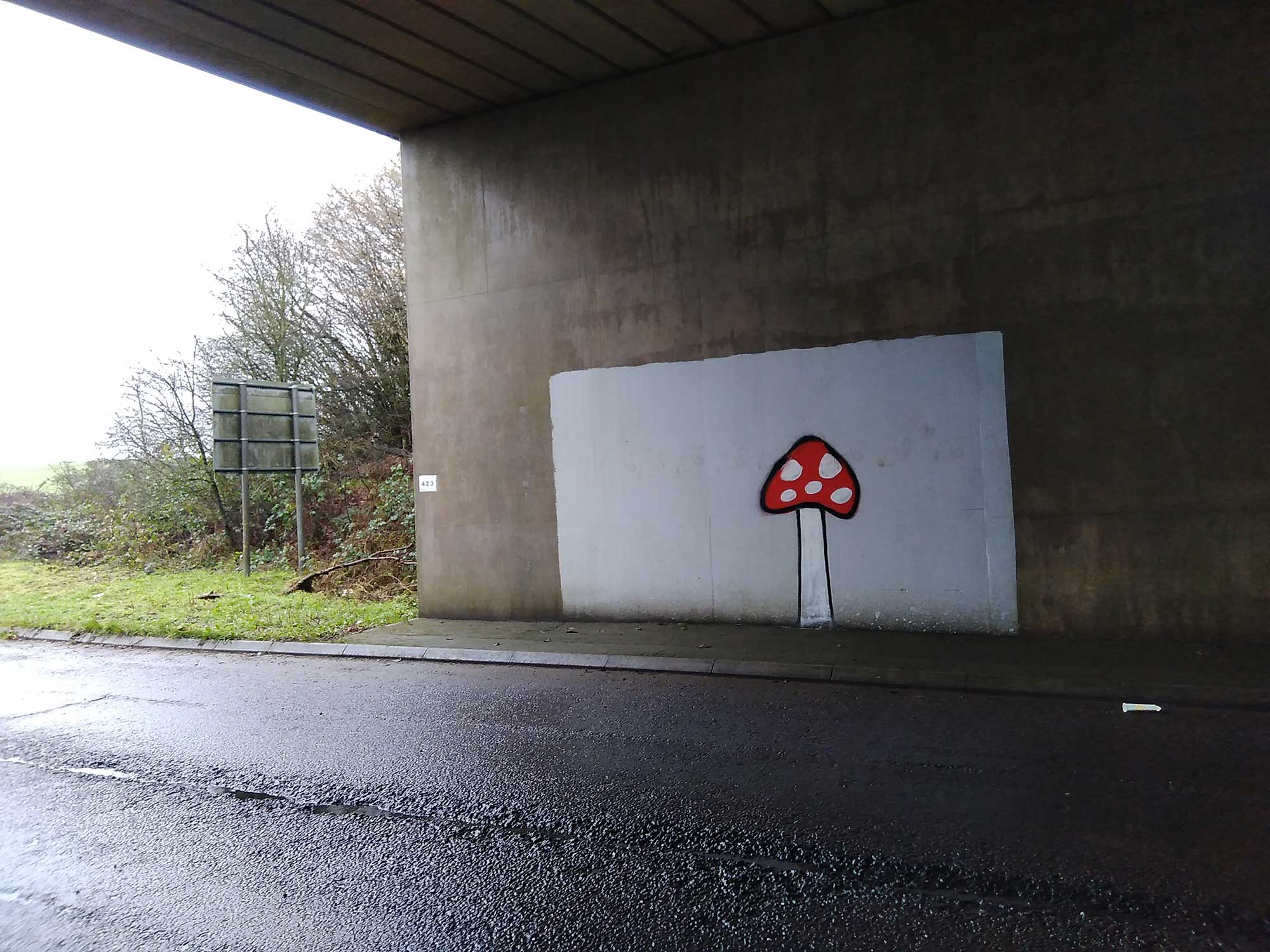 Graffiti image of a toadstool on an underpass.