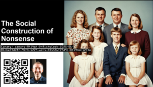 A poster for The Social Construction of Nonsense featuring an AI-created image of a family.