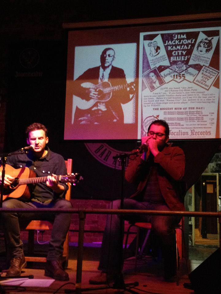 Me (left) and Vincenzo Colonna (right) at 'The Discovery of the Blues: A Musical Documentary', Frog & Fiddle, Cheltenham, 26th Oct 2015