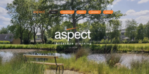 Homepage image of Aspect Landscape Planning featuring a photo of a bench overlook a pond.