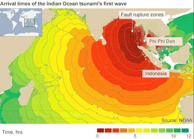 A map showing the arrival times of the Indian Ocean tsunami's first wave.