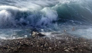 Tsunami wave engulfing a built-up area.