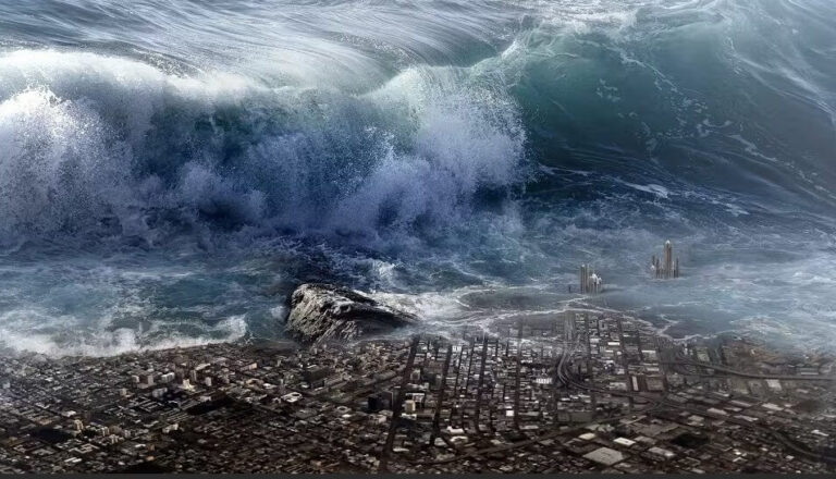 Tsunami wave engulfing a built-up area.