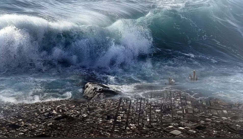 Tsunami wave engulfing a built-up area.